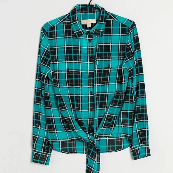 {MICHAEL Michael Kors} Plaid Button-down Blouse with Front Knot - Size Medium - Picture 1 of 13